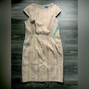 NEW Antonio Melani Pink Yellow Tweed Cap Sleeve Fitted Career Dress Size 12 Work